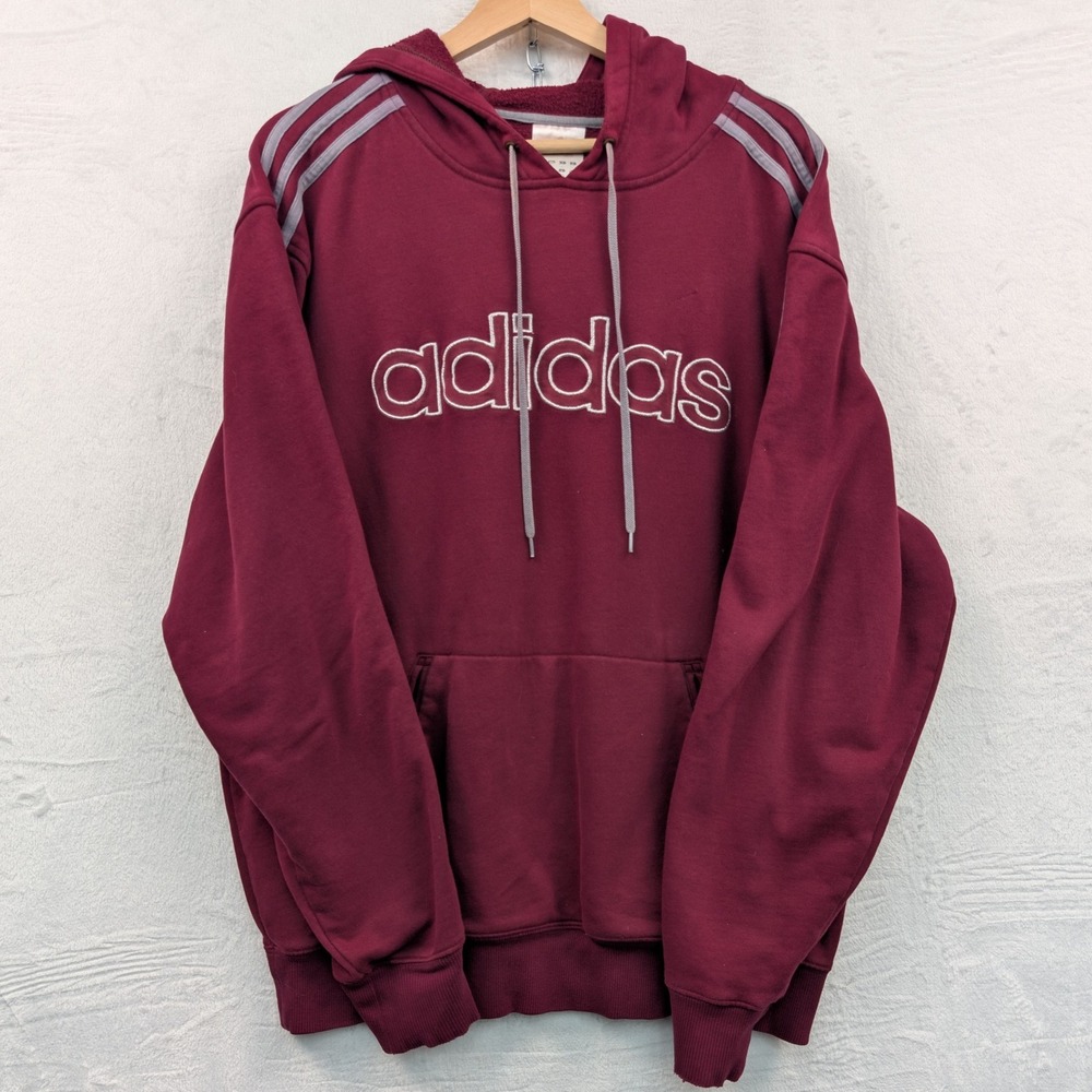 VTG Adidas Hoodie Men's L Burgundy Spellout Three Stripe Relaxed Streetwear Y2K